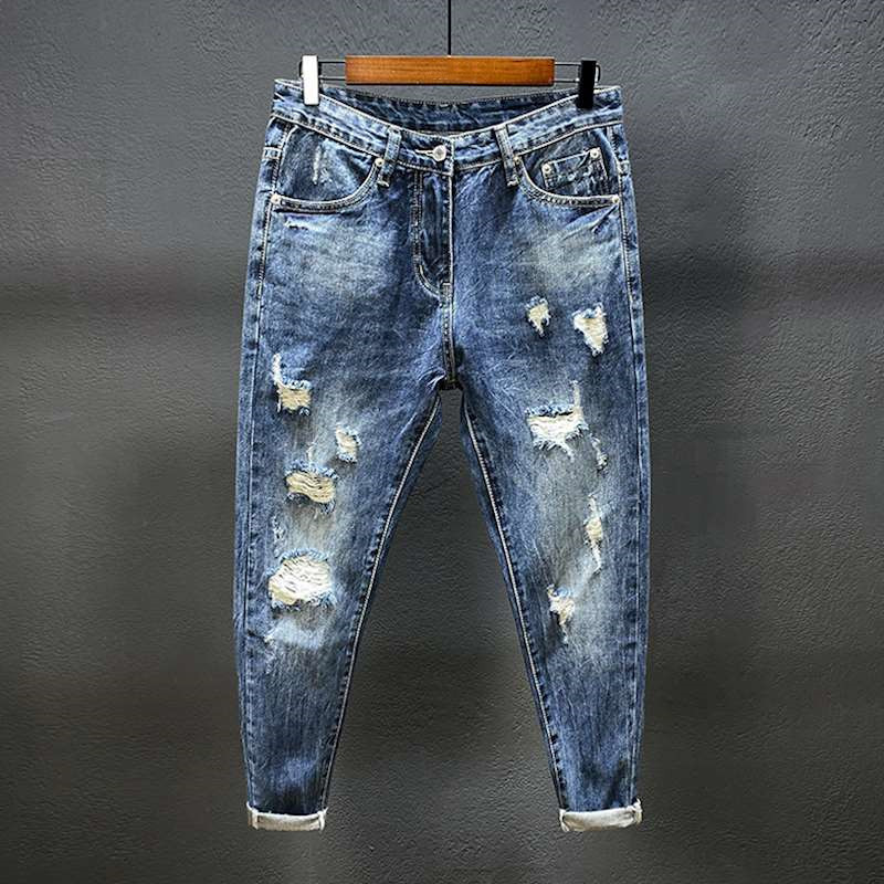 Nine-point jeans with holes fo – Men'S Shoes With Jeans recenzja i cena